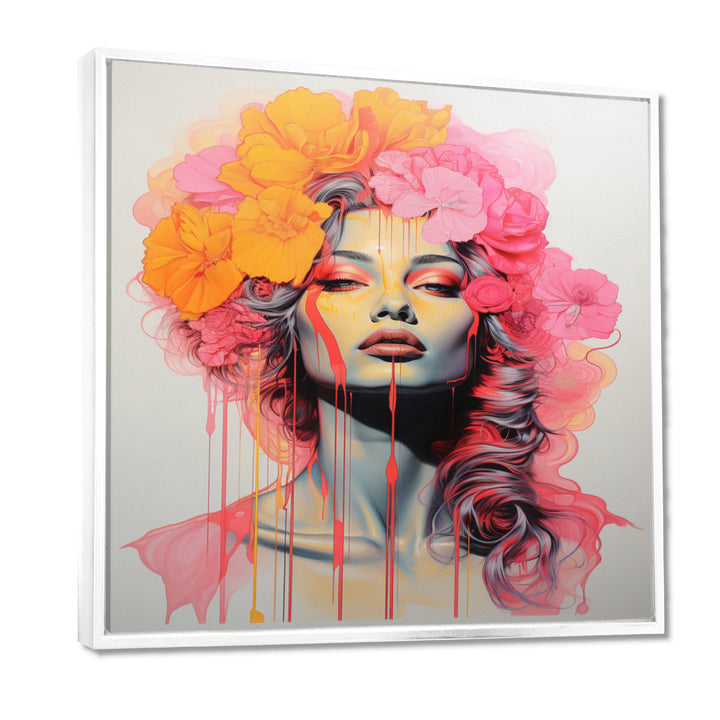 Vintage Iconic Portrait Pink Yellow Flower Woman - Lion Wall Art Prints