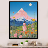 Pink Woman By Pink Mountain Flower Field Painting - Brown Lion Wall Art