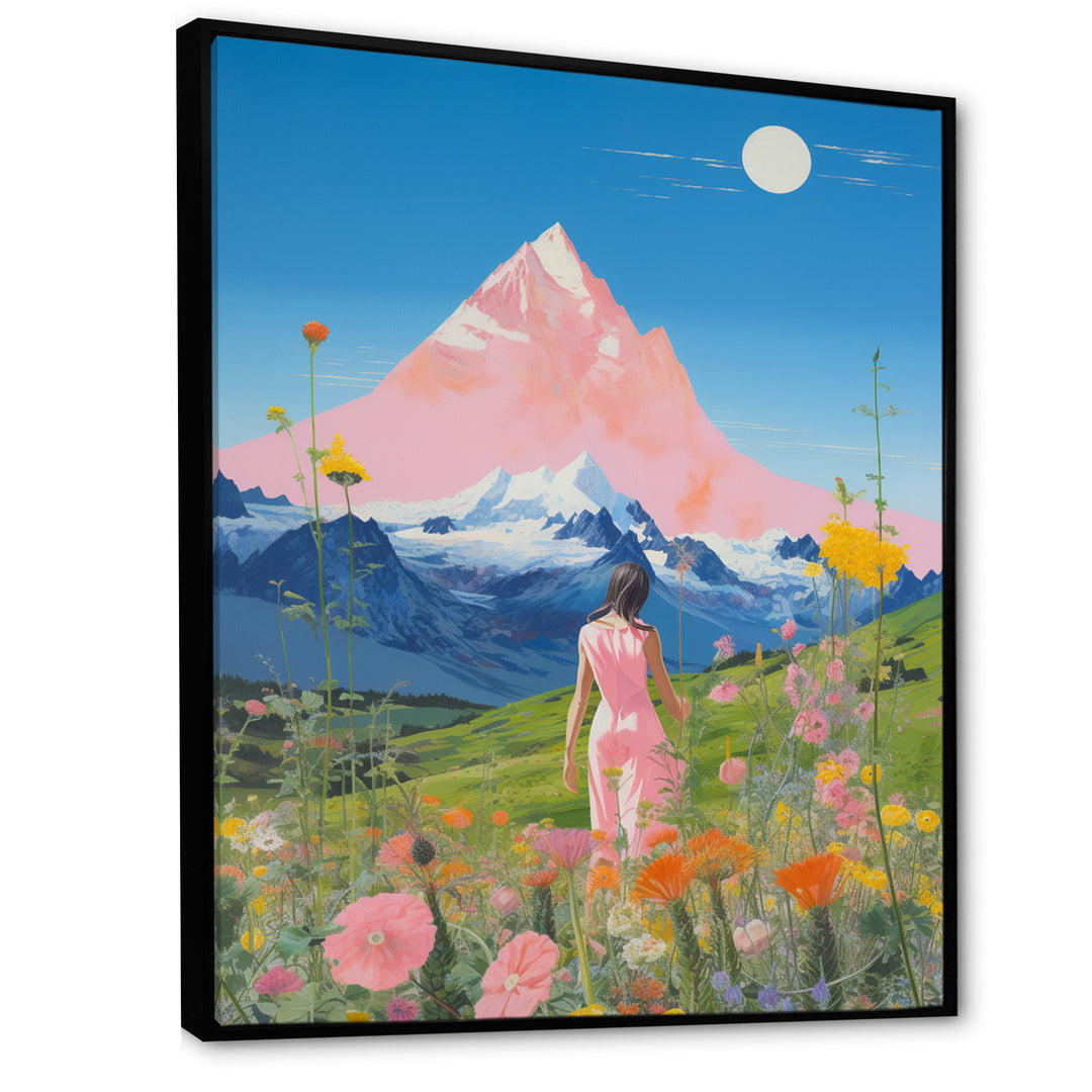 Pink Woman By Pink Mountain Flower Field Painting - Brown Lion Wall Art