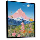 Pink Woman By Pink Mountain Flower Field Painting - Brown Lion Wall Art