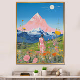 Pink Woman By Pink Mountain Flower Field Painting - Brown Lion Wall Art