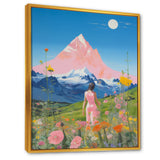 Pink Woman By Pink Mountain Flower Field Painting - Brown Lion Wall Art