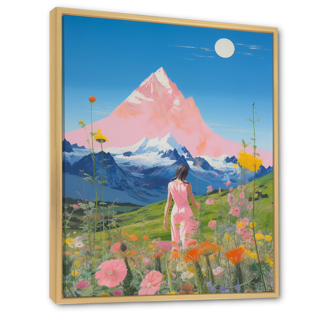 Pink Woman By Pink Mountain Flower Field Painting - Brown Lion Wall Art