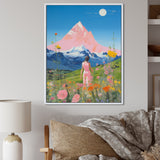 Pink Woman By Pink Mountain Flower Field Painting - Brown Lion Wall Art