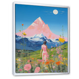 Pink Woman By Pink Mountain Flower Field Painting - Brown Lion Wall Art