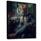 Glamorous Fashion Lion With Flower Suit In Couch - Lion Framed Canvas Art