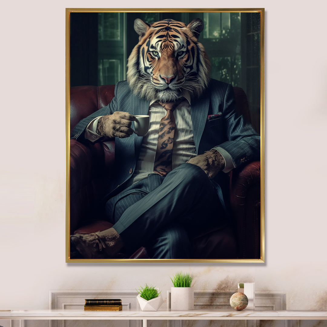 Glamorous Fashion Lion With Flower Suit In Couch - Lion Framed Canvas Art