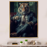 Glamorous Fashion Lion With Flower Suit In Couch - Lion Framed Canvas Art