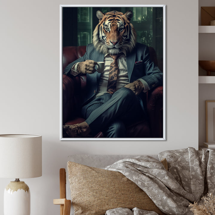 Glamorous Fashion Lion With Flower Suit In Couch - Lion Framed Canvas Art