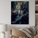 Glamorous Fashion Lion With Flower Suit In Couch - Lion Framed Canvas Art