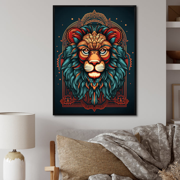 Portrait Of A Wild Lion Retro Illustration - Lion Framed Canvas Art