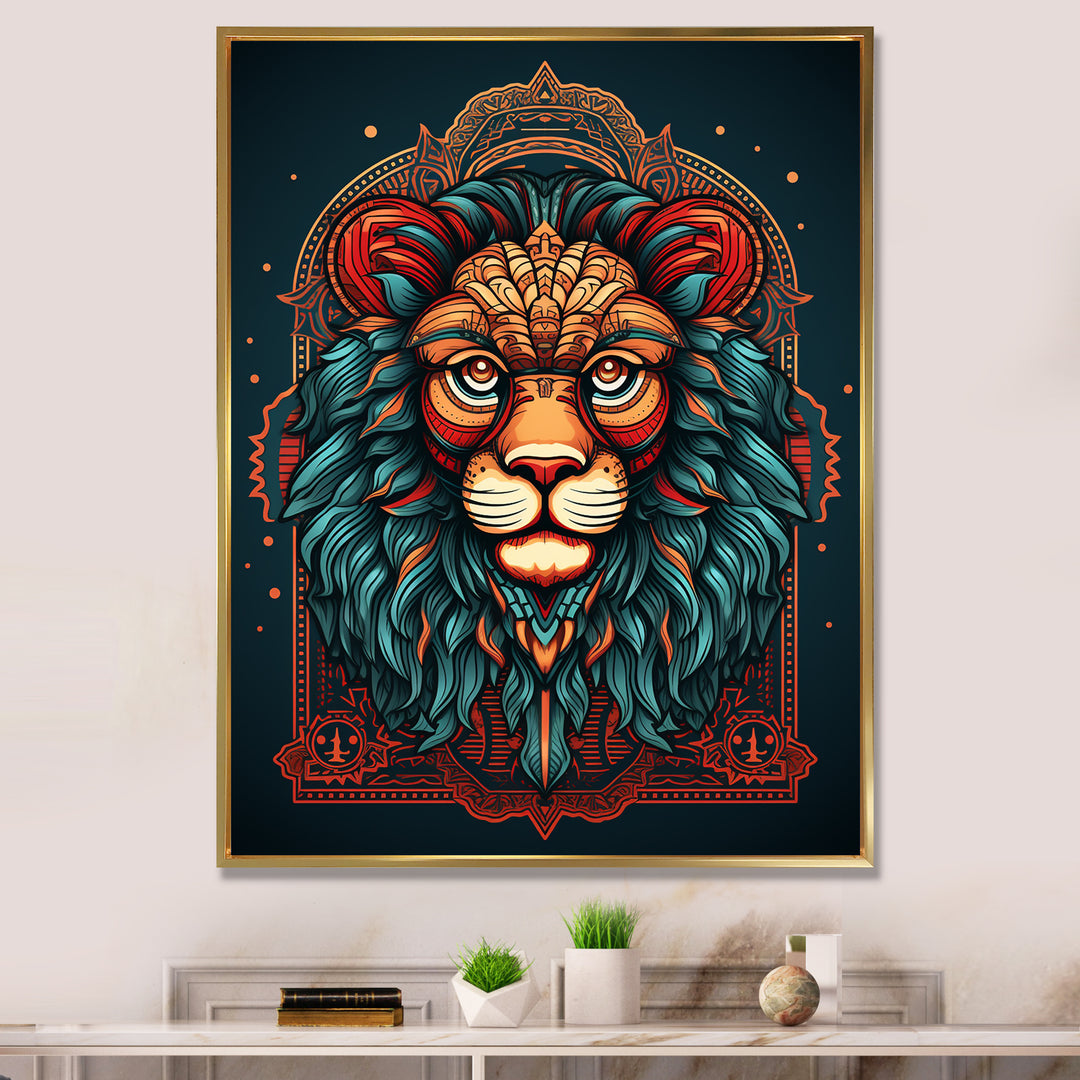 Portrait Of A Wild Lion Retro Illustration - Lion Framed Canvas Art