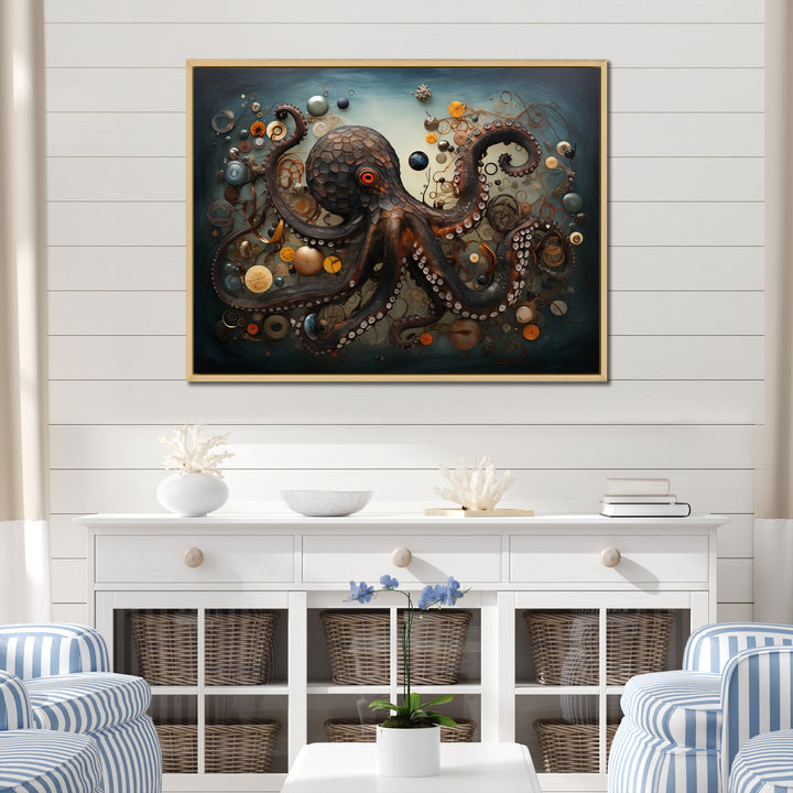 Portrait Of Brown Mystical Octopus Painting - Octopus Wall Decor