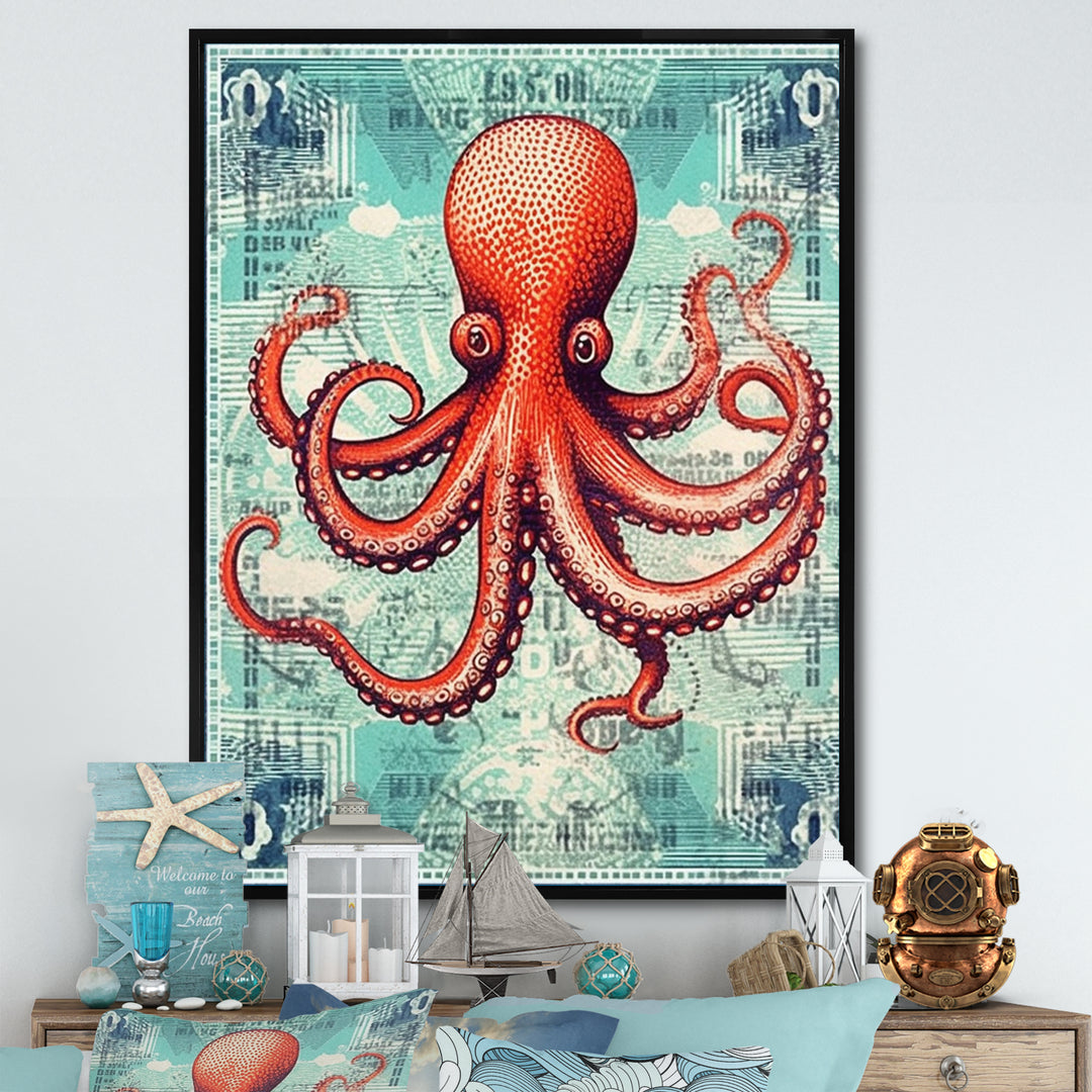 Retro Stamp Portrait Of Red Octopus - Octopus Large Canvas Wall Art