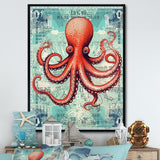 Retro Stamp Portrait Of Red Octopus - Octopus Large Canvas Wall Art