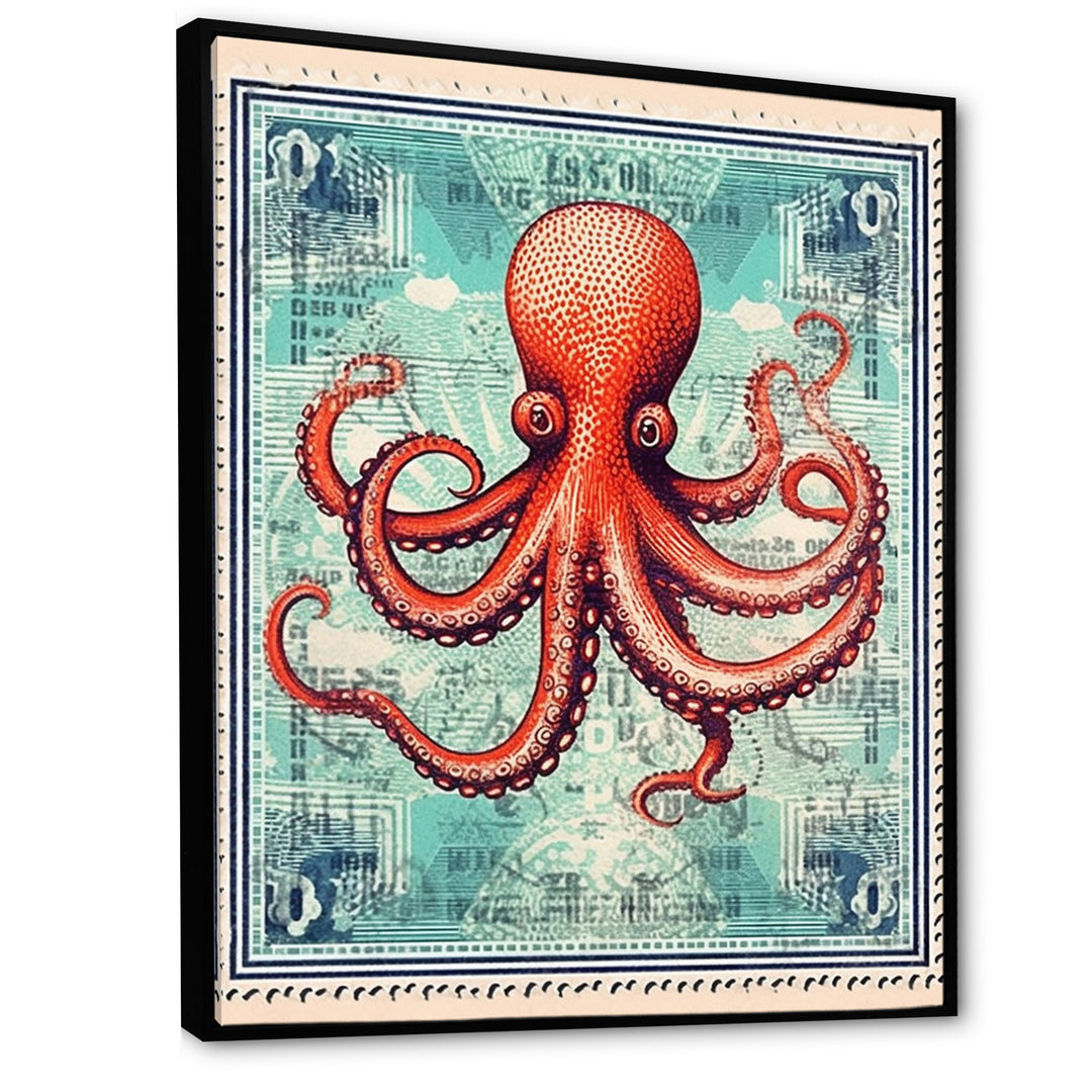 Retro Stamp Portrait Of Red Octopus - Octopus Large Canvas Wall Art