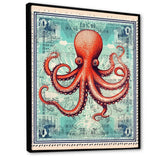 Retro Stamp Portrait Of Red Octopus - Octopus Large Canvas Wall Art