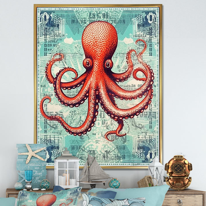 Retro Stamp Portrait Of Red Octopus - Octopus Large Canvas Wall Art