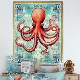 Retro Stamp Portrait Of Red Octopus - Octopus Large Canvas Wall Art