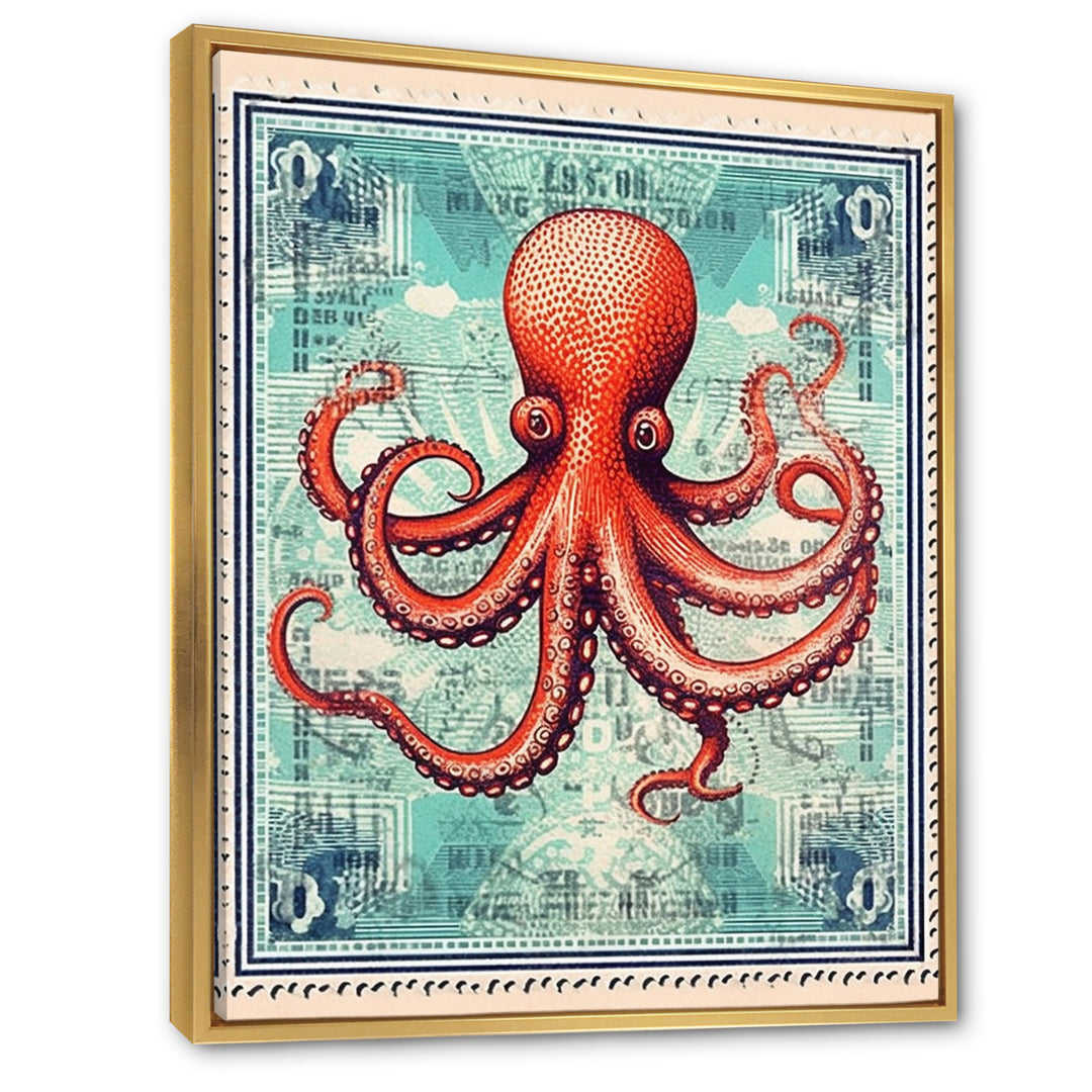 Retro Stamp Portrait Of Red Octopus - Octopus Large Canvas Wall Art