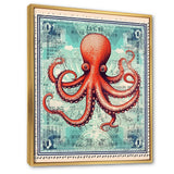Retro Stamp Portrait Of Red Octopus - Octopus Large Canvas Wall Art