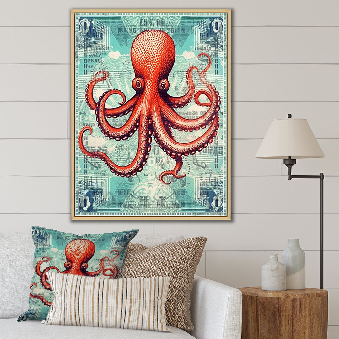 Retro Stamp Portrait Of Red Octopus - Octopus Large Canvas Wall Art