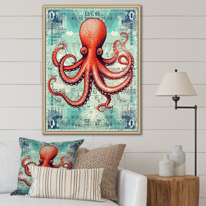 Retro Stamp Portrait Of Red Octopus - Octopus Large Canvas Wall Art
