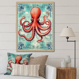 Retro Stamp Portrait Of Red Octopus - Octopus Large Canvas Wall Art