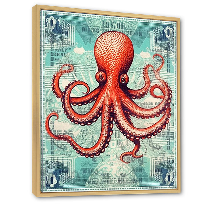 Retro Stamp Portrait Of Red Octopus - Octopus Large Canvas Wall Art