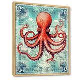 Retro Stamp Portrait Of Red Octopus - Octopus Large Canvas Wall Art