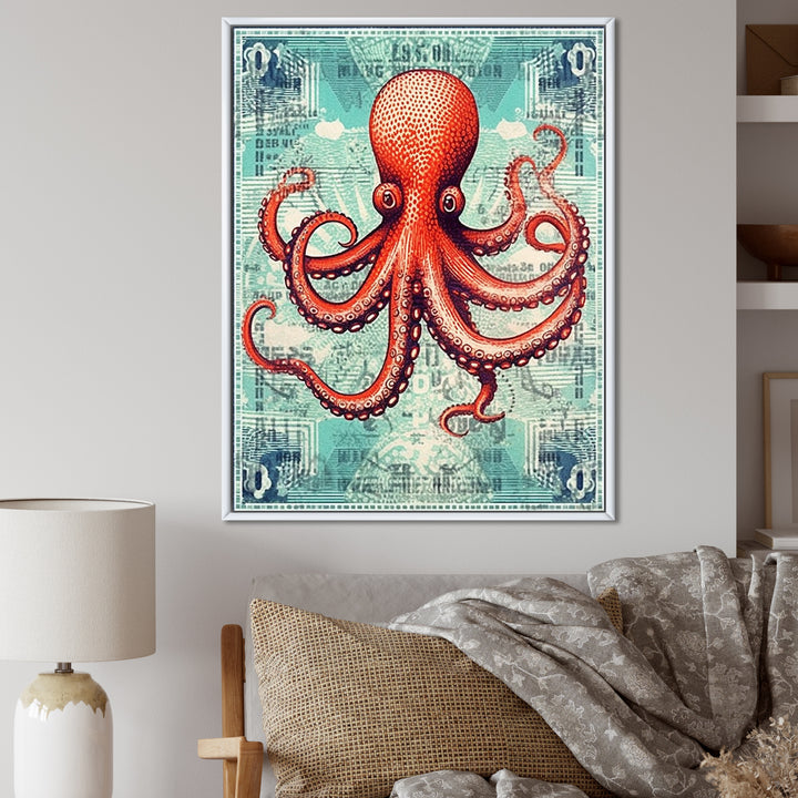 Retro Stamp Portrait Of Red Octopus - Octopus Large Canvas Wall Art