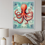 Retro Stamp Portrait Of Red Octopus - Octopus Large Canvas Wall Art