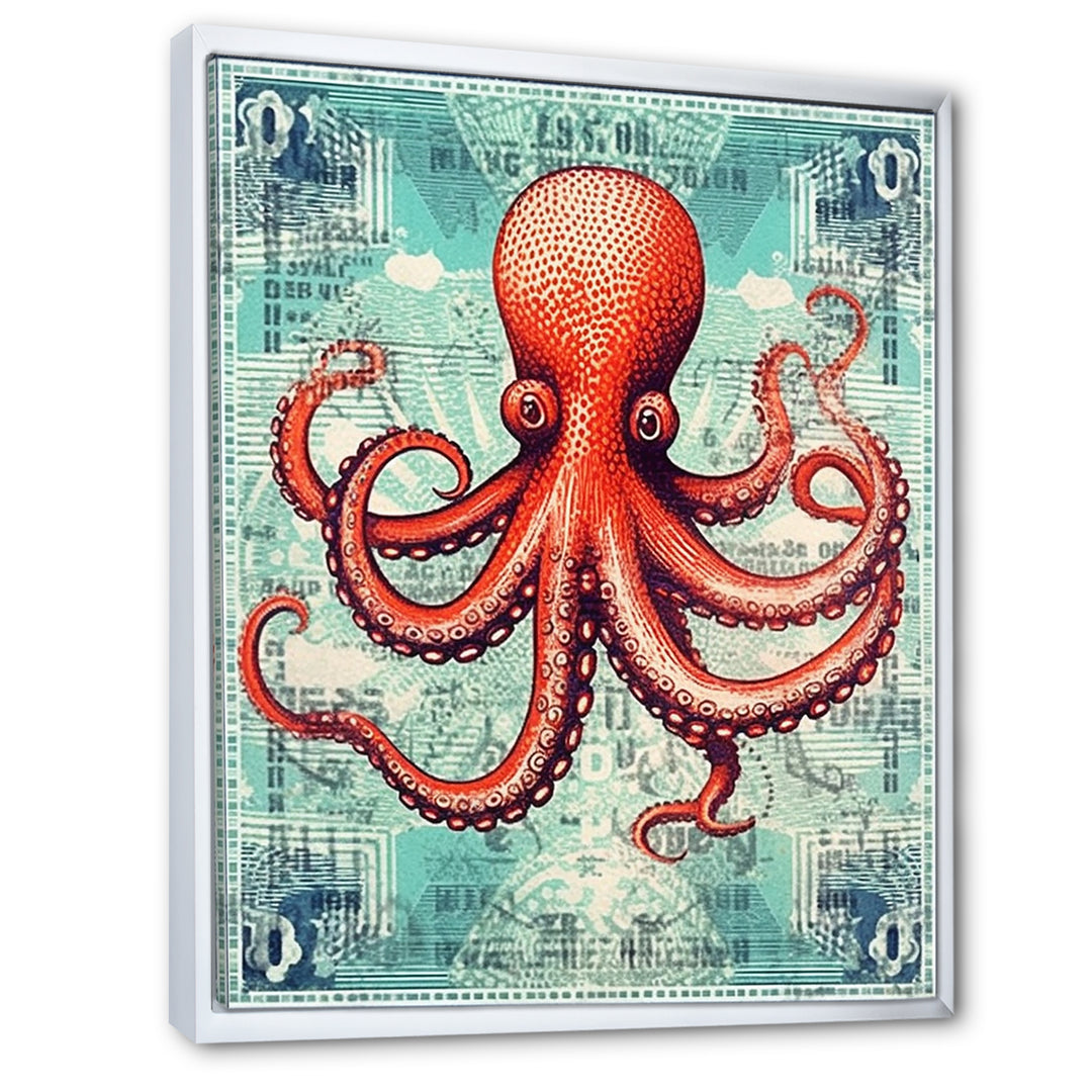 Retro Stamp Portrait Of Red Octopus - Octopus Large Canvas Wall Art
