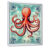 Retro Stamp Portrait Of Red Octopus - Octopus Large Canvas Wall Art
