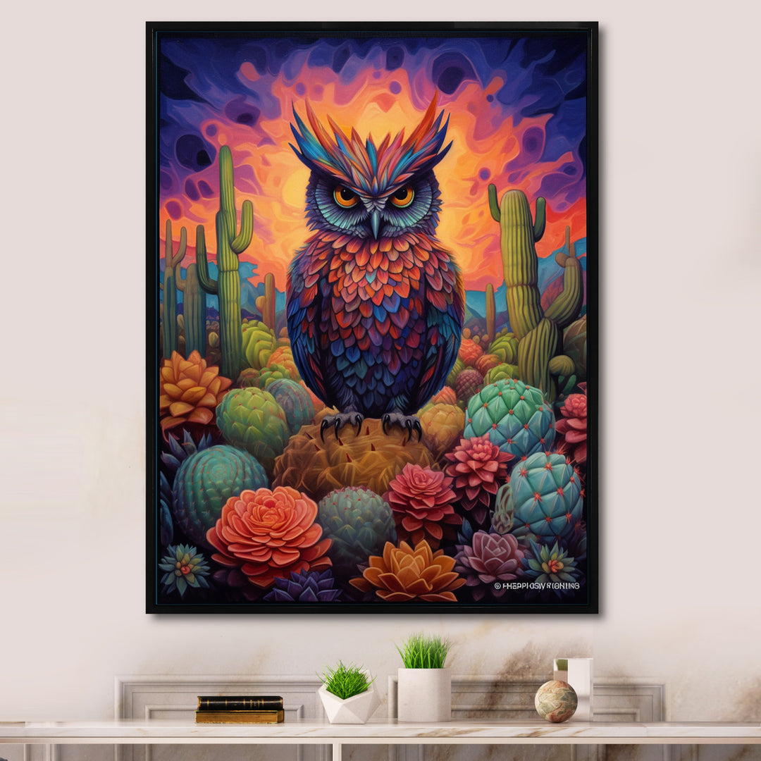 Purple Owl Surrounded By Cacti In The Desert - Owl Canvas Wall Art