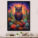 Purple Owl Surrounded By Cacti In The Desert - Owl Canvas Wall Art