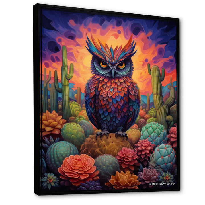 Purple Owl Surrounded By Cacti In The Desert - Owl Canvas Wall Art