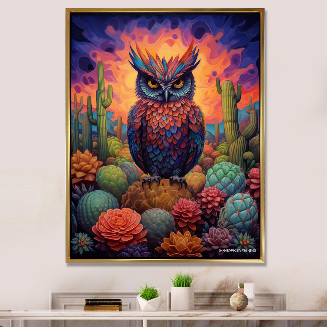 Purple Owl Surrounded By Cacti In The Desert - Owl Canvas Wall Art