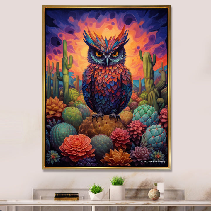 Purple Owl Surrounded By Cacti In The Desert - Owl Canvas Wall Art