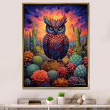 Purple Owl Surrounded By Cacti In The Desert - Owl Canvas Wall Art