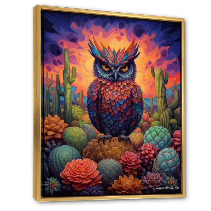 Purple Owl Surrounded By Cacti In The Desert - Owl Canvas Wall Art