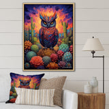Purple Owl Surrounded By Cacti In The Desert - Owl Canvas Wall Art