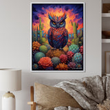 Purple Owl Surrounded By Cacti In The Desert - Owl Canvas Wall Art