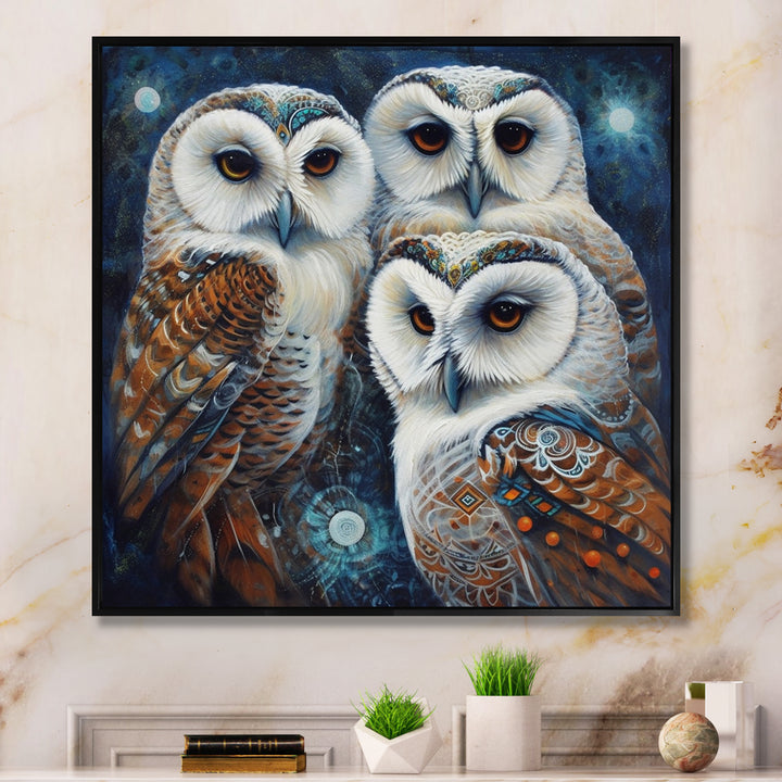 White Owl Gathering - Owl Large Canvas Wall Art
