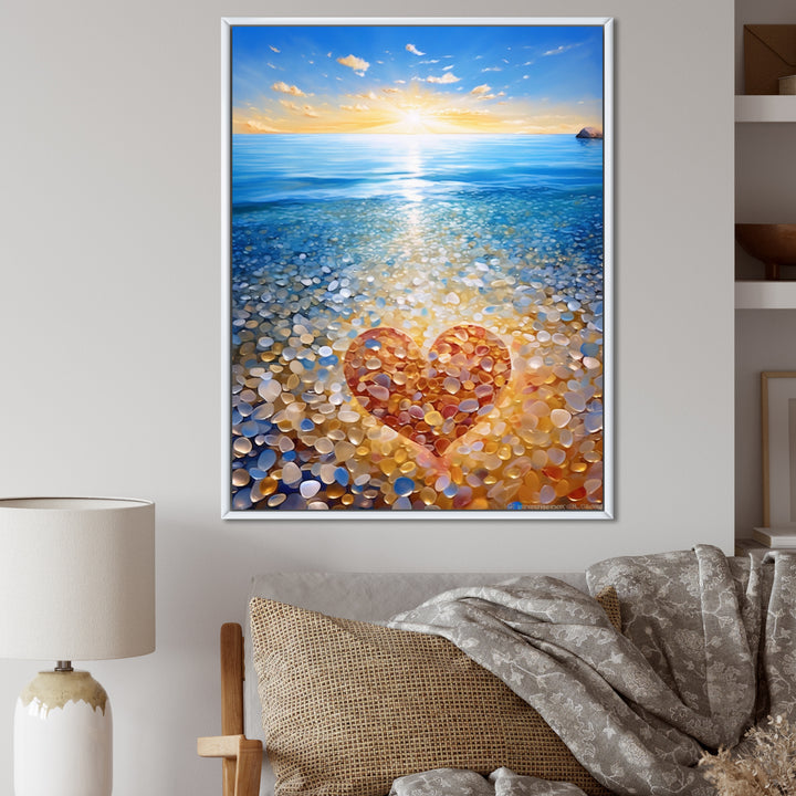 Vibrant Red Heart On Tropical Pebble Beach - Owl Canvas Wall Art