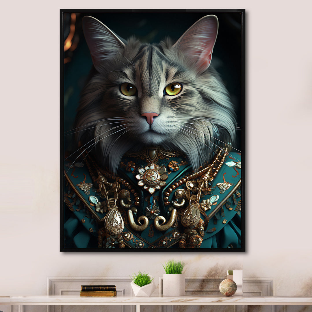 Portrait Of Majestic Cat Retro Royal Glam Outfit - Green Owl Wall Art