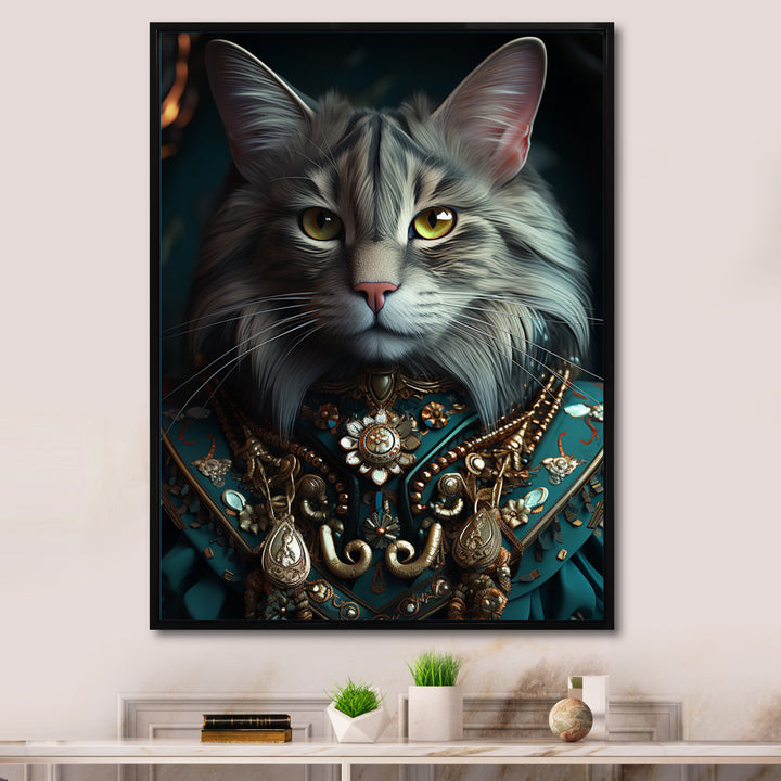 Portrait Of Majestic Cat Retro Royal Glam Outfit - Green Owl Wall Art
