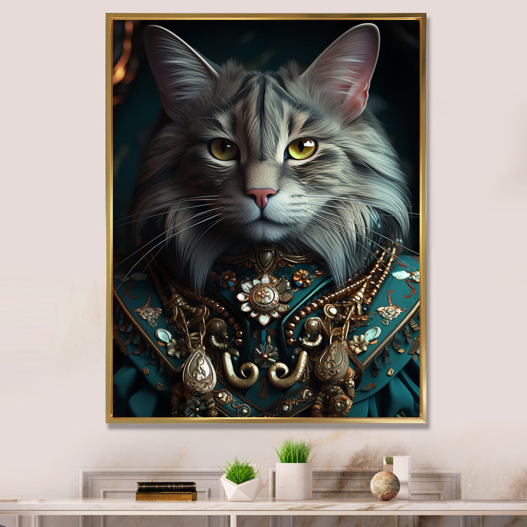 Portrait Of Majestic Cat Retro Royal Glam Outfit - Green Owl Wall Art