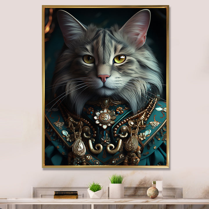 Portrait Of Majestic Cat Retro Royal Glam Outfit - Green Owl Wall Art