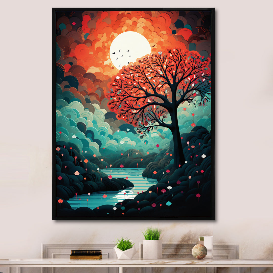 Magical Red Tree Next To Full Moon River - Owl Living Room Wall Art